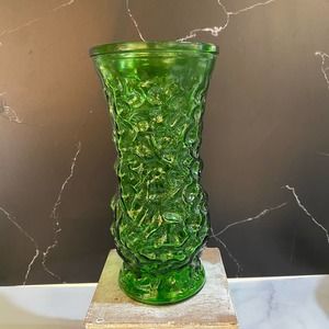 1970s Vintage Hoosier Glass Vase Crinkle Pebble Design Emerald Green